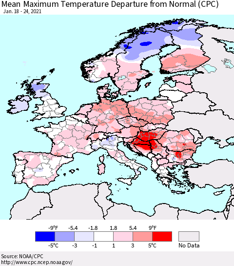 Europe Mean Maximum Temperature Departure from Normal (CPC) Thematic Map For 1/18/2021 - 1/24/2021