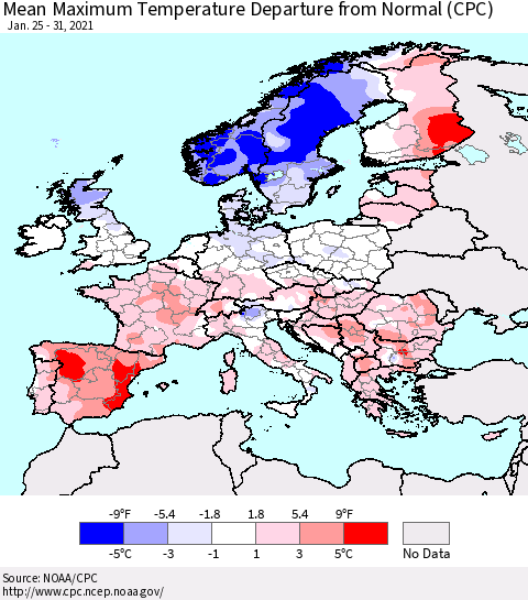 Europe Mean Maximum Temperature Departure from Normal (CPC) Thematic Map For 1/25/2021 - 1/31/2021