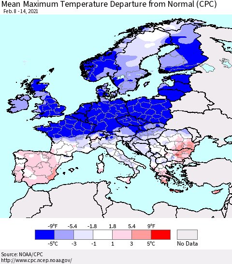 Europe Mean Maximum Temperature Departure from Normal (CPC) Thematic Map For 2/8/2021 - 2/14/2021