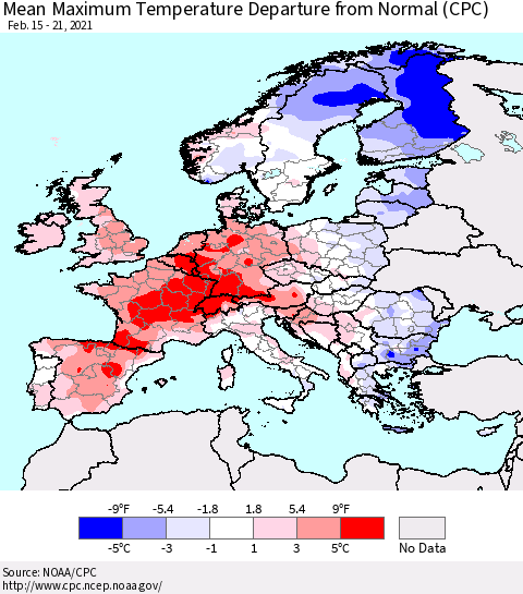 Europe Mean Maximum Temperature Departure from Normal (CPC) Thematic Map For 2/15/2021 - 2/21/2021