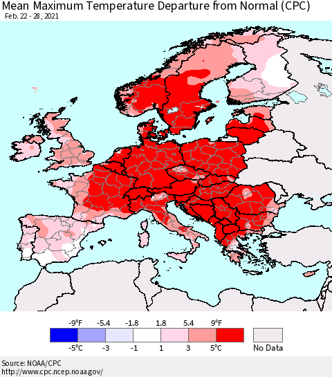 Europe Mean Maximum Temperature Departure from Normal (CPC) Thematic Map For 2/22/2021 - 2/28/2021