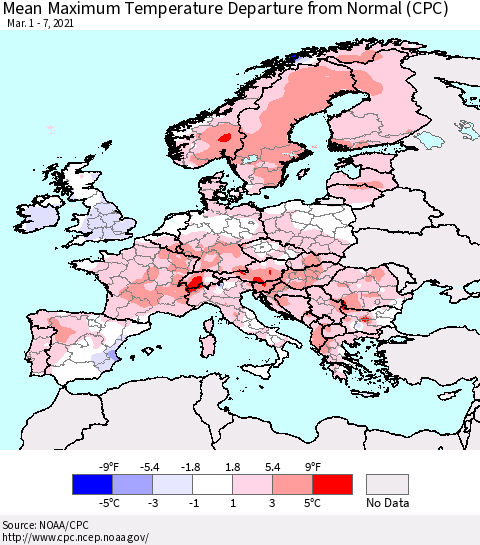 Europe Mean Maximum Temperature Departure from Normal (CPC) Thematic Map For 3/1/2021 - 3/7/2021