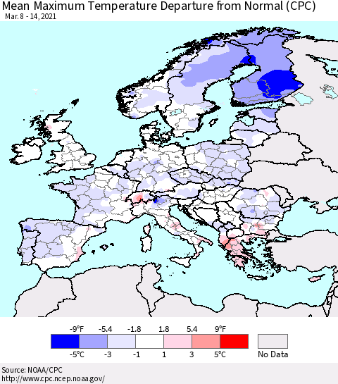 Europe Mean Maximum Temperature Departure from Normal (CPC) Thematic Map For 3/8/2021 - 3/14/2021