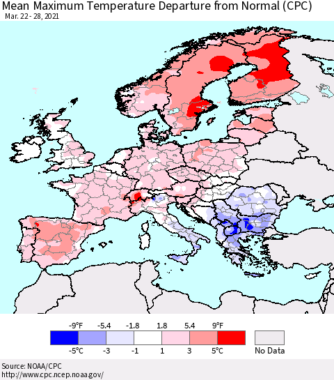 Europe Mean Maximum Temperature Departure from Normal (CPC) Thematic Map For 3/22/2021 - 3/28/2021