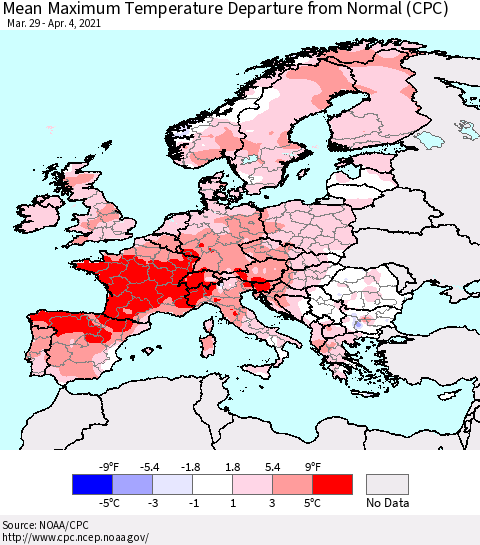 Europe Mean Maximum Temperature Departure from Normal (CPC) Thematic Map For 3/29/2021 - 4/4/2021