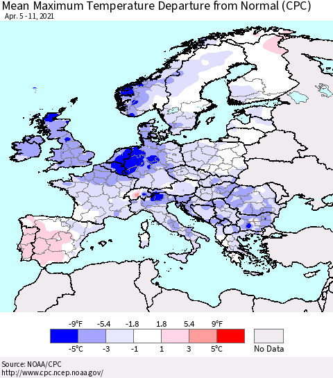 Europe Mean Maximum Temperature Departure from Normal (CPC) Thematic Map For 4/5/2021 - 4/11/2021