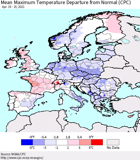 Europe Mean Maximum Temperature Departure from Normal (CPC) Thematic Map For 4/19/2021 - 4/25/2021