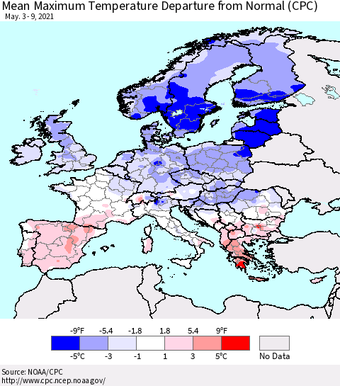 Europe Mean Maximum Temperature Departure from Normal (CPC) Thematic Map For 5/3/2021 - 5/9/2021