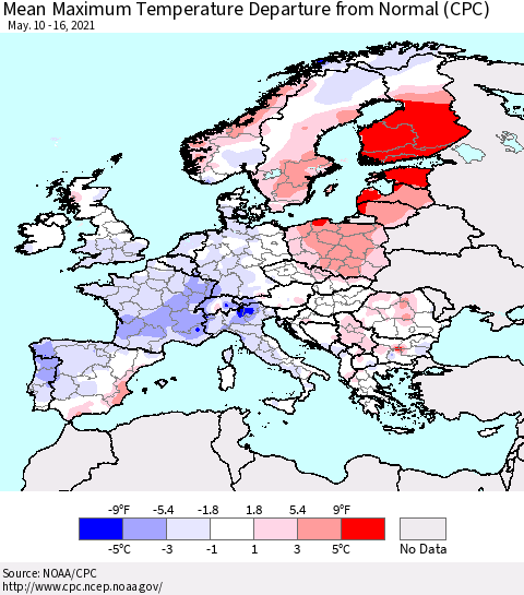 Europe Mean Maximum Temperature Departure from Normal (CPC) Thematic Map For 5/10/2021 - 5/16/2021
