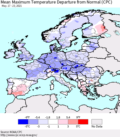 Europe Mean Maximum Temperature Departure from Normal (CPC) Thematic Map For 5/17/2021 - 5/23/2021