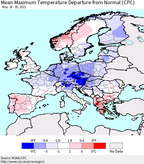 Europe Mean Maximum Temperature Departure from Normal (CPC) Thematic Map For 5/24/2021 - 5/30/2021
