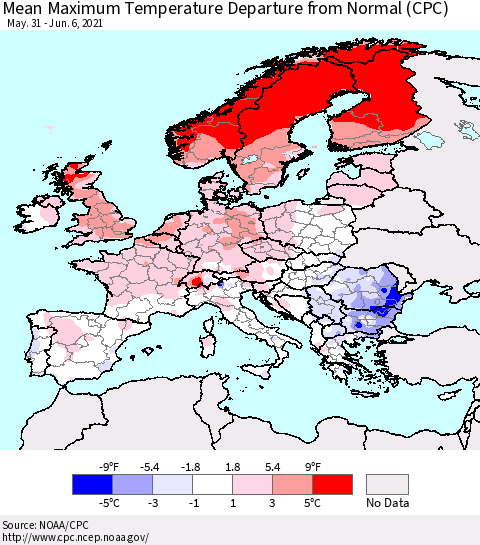Europe Mean Maximum Temperature Departure from Normal (CPC) Thematic Map For 5/31/2021 - 6/6/2021