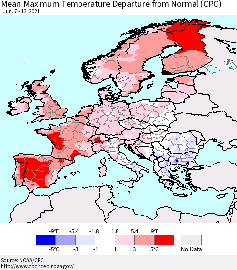 Europe Mean Maximum Temperature Departure from Normal (CPC) Thematic Map For 6/7/2021 - 6/13/2021
