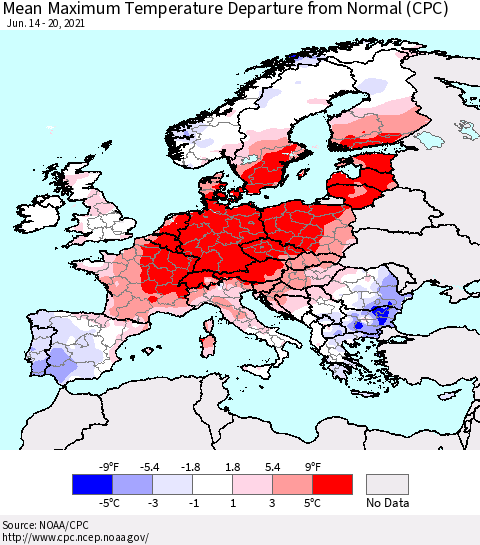 Europe Mean Maximum Temperature Departure from Normal (CPC) Thematic Map For 6/14/2021 - 6/20/2021