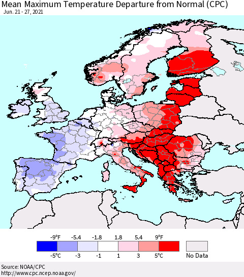 Europe Mean Maximum Temperature Departure from Normal (CPC) Thematic Map For 6/21/2021 - 6/27/2021