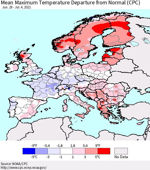 Europe Mean Maximum Temperature Departure from Normal (CPC) Thematic Map For 6/28/2021 - 7/4/2021