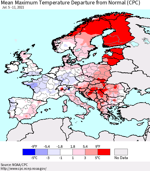 Europe Mean Maximum Temperature Departure from Normal (CPC) Thematic Map For 7/5/2021 - 7/11/2021