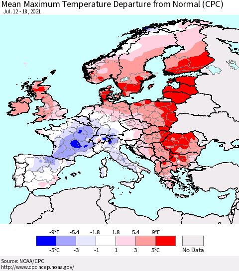 Europe Mean Maximum Temperature Departure from Normal (CPC) Thematic Map For 7/12/2021 - 7/18/2021