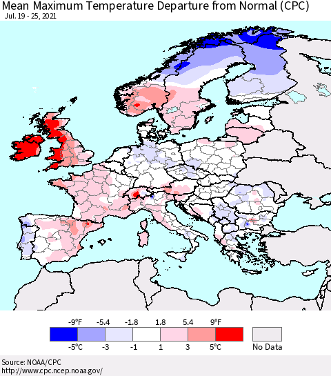 Europe Mean Maximum Temperature Departure from Normal (CPC) Thematic Map For 7/19/2021 - 7/25/2021