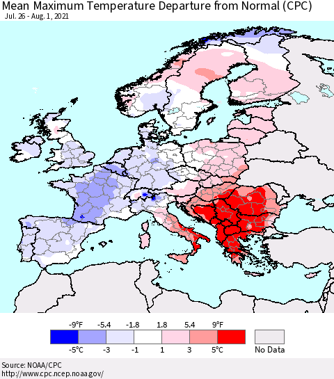 Europe Mean Maximum Temperature Departure from Normal (CPC) Thematic Map For 7/26/2021 - 8/1/2021