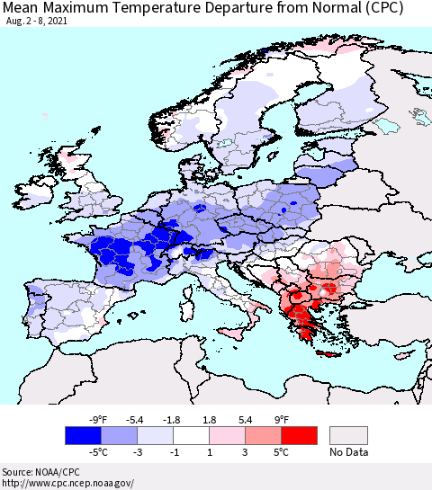 Europe Mean Maximum Temperature Departure from Normal (CPC) Thematic Map For 8/2/2021 - 8/8/2021
