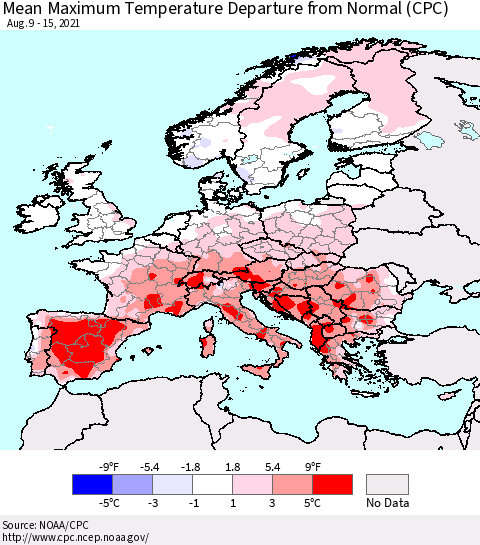 Europe Mean Maximum Temperature Departure from Normal (CPC) Thematic Map For 8/9/2021 - 8/15/2021