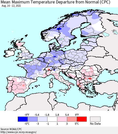 Europe Mean Maximum Temperature Departure from Normal (CPC) Thematic Map For 8/16/2021 - 8/22/2021
