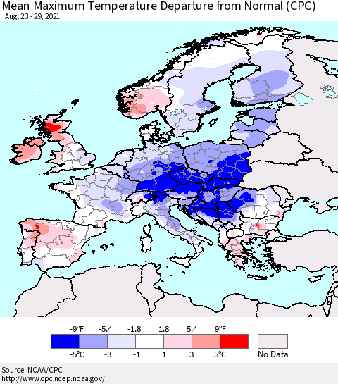 Europe Mean Maximum Temperature Departure from Normal (CPC) Thematic Map For 8/23/2021 - 8/29/2021
