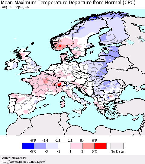 Europe Mean Maximum Temperature Departure from Normal (CPC) Thematic Map For 8/30/2021 - 9/5/2021