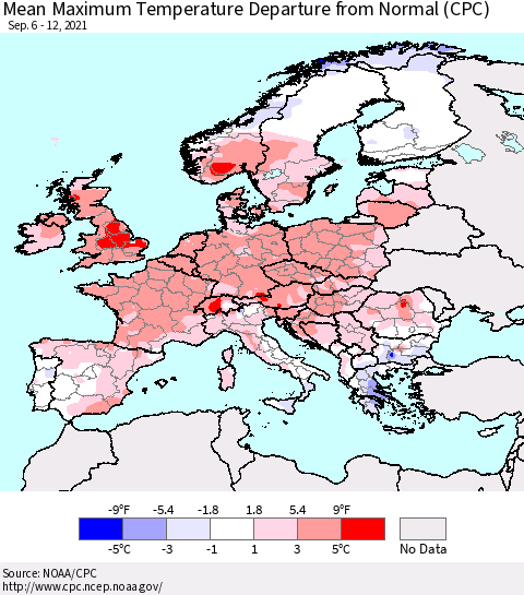 Europe Mean Maximum Temperature Departure from Normal (CPC) Thematic Map For 9/6/2021 - 9/12/2021