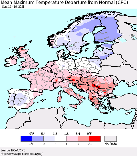 Europe Mean Maximum Temperature Departure from Normal (CPC) Thematic Map For 9/13/2021 - 9/19/2021