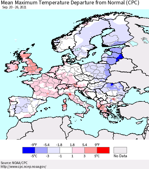 Europe Mean Maximum Temperature Departure from Normal (CPC) Thematic Map For 9/20/2021 - 9/26/2021