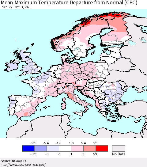 Europe Mean Maximum Temperature Departure from Normal (CPC) Thematic Map For 9/27/2021 - 10/3/2021