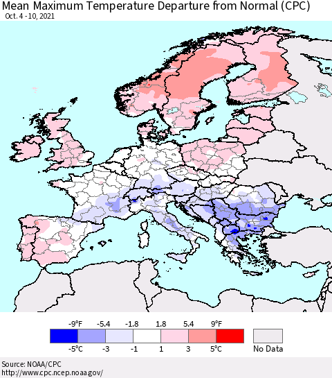 Europe Mean Maximum Temperature Departure from Normal (CPC) Thematic Map For 10/4/2021 - 10/10/2021
