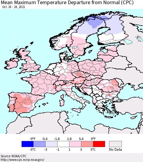 Europe Mean Maximum Temperature Departure from Normal (CPC) Thematic Map For 10/18/2021 - 10/24/2021