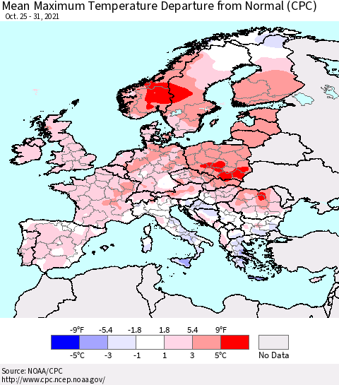 Europe Mean Maximum Temperature Departure from Normal (CPC) Thematic Map For 10/25/2021 - 10/31/2021