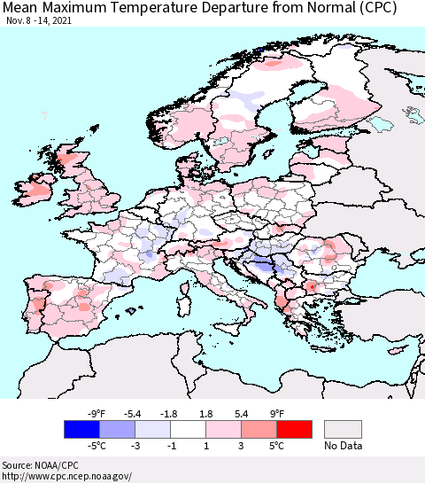 Europe Mean Maximum Temperature Departure from Normal (CPC) Thematic Map For 11/8/2021 - 11/14/2021