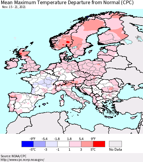Europe Mean Maximum Temperature Departure from Normal (CPC) Thematic Map For 11/15/2021 - 11/21/2021