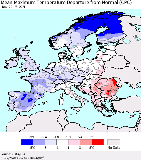 Europe Mean Maximum Temperature Departure from Normal (CPC) Thematic Map For 11/22/2021 - 11/28/2021