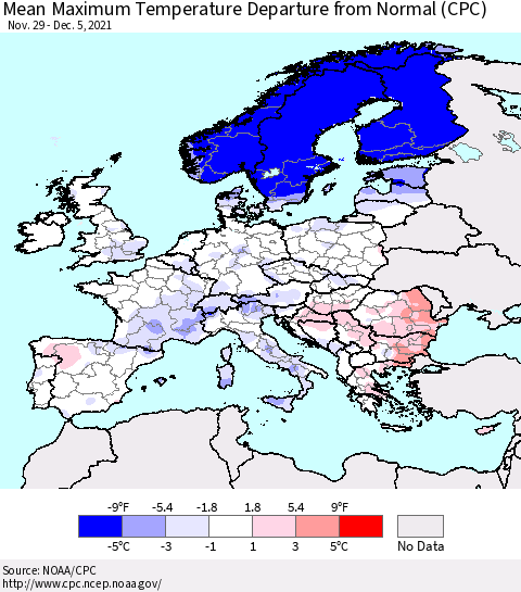 Europe Mean Maximum Temperature Departure from Normal (CPC) Thematic Map For 11/29/2021 - 12/5/2021