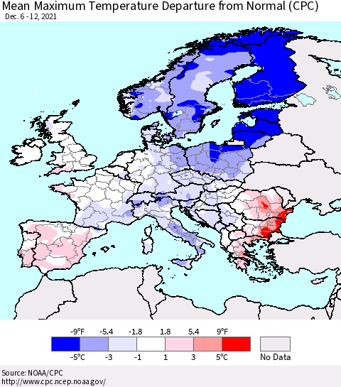 Europe Mean Maximum Temperature Departure from Normal (CPC) Thematic Map For 12/6/2021 - 12/12/2021