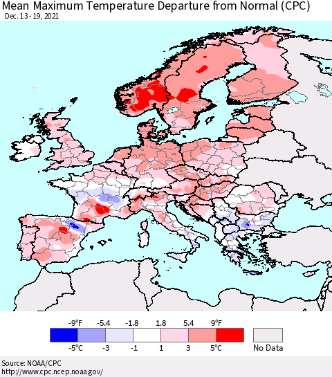 Europe Mean Maximum Temperature Departure from Normal (CPC) Thematic Map For 12/13/2021 - 12/19/2021