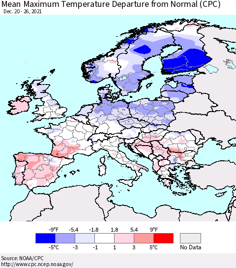 Europe Mean Maximum Temperature Departure from Normal (CPC) Thematic Map For 12/20/2021 - 12/26/2021