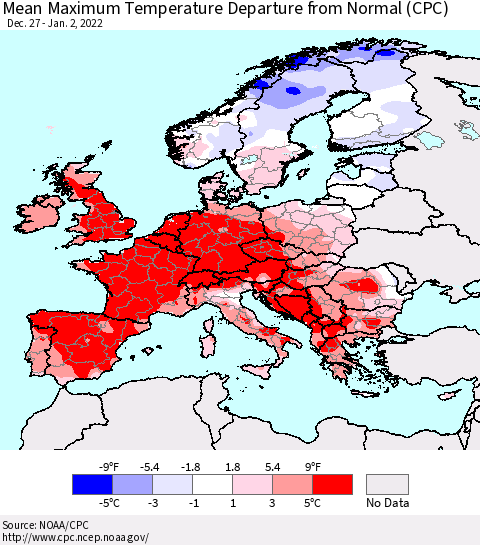 Europe Mean Maximum Temperature Departure from Normal (CPC) Thematic Map For 12/27/2021 - 1/2/2022