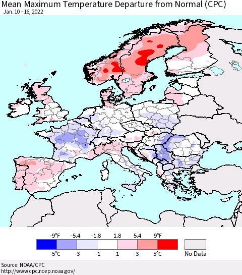 Europe Mean Maximum Temperature Departure from Normal (CPC) Thematic Map For 1/10/2022 - 1/16/2022