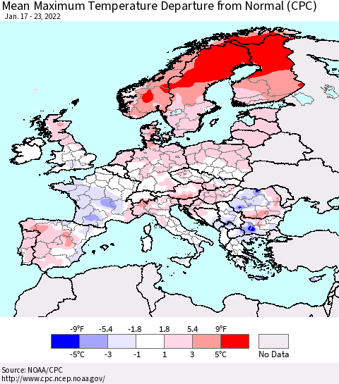 Europe Mean Maximum Temperature Departure from Normal (CPC) Thematic Map For 1/17/2022 - 1/23/2022