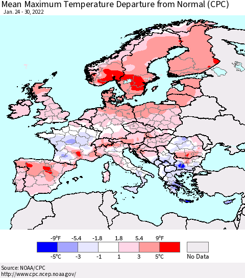 Europe Mean Maximum Temperature Departure from Normal (CPC) Thematic Map For 1/24/2022 - 1/30/2022