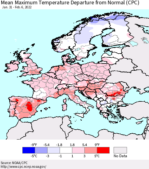 Europe Mean Maximum Temperature Departure from Normal (CPC) Thematic Map For 1/31/2022 - 2/6/2022