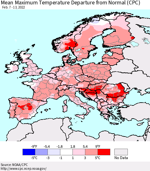 Europe Mean Maximum Temperature Departure from Normal (CPC) Thematic Map For 2/7/2022 - 2/13/2022