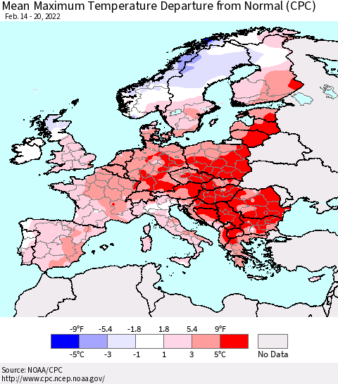 Europe Mean Maximum Temperature Departure from Normal (CPC) Thematic Map For 2/14/2022 - 2/20/2022